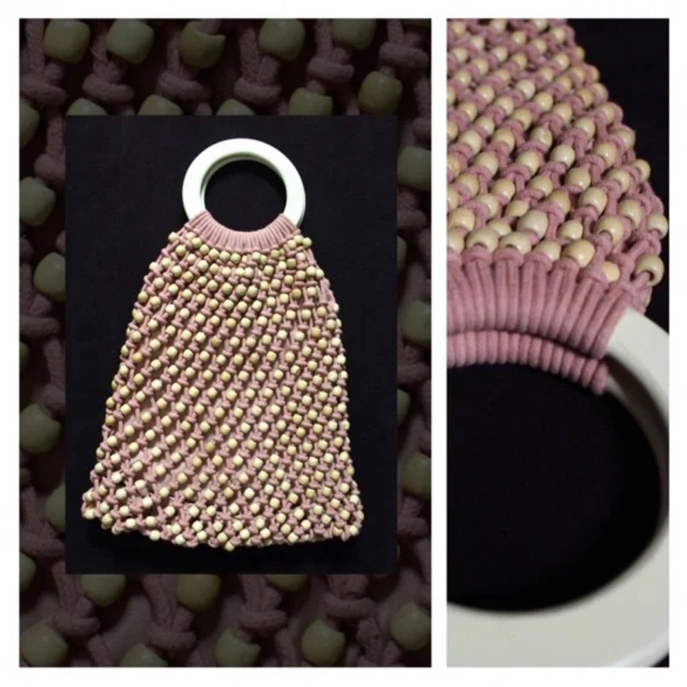 C&C California Pink Cotton Knitted Macrame and Wooden Beaded Bohemian Bucket Bag